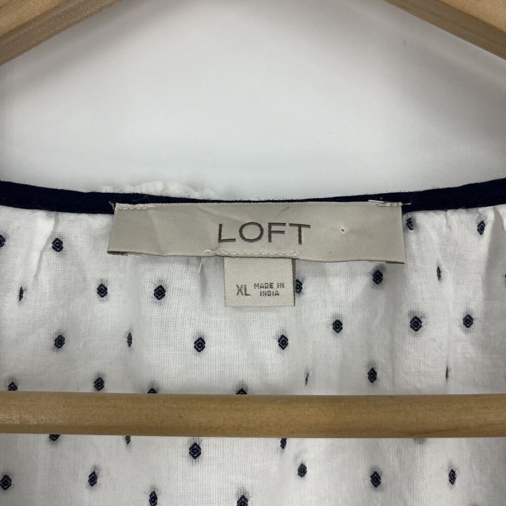 Loft Top Size XL Navy White Swiss Dot Shirt Popover Clip Ruffle Bib Blouse - Picture 3 of 8